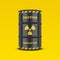 Vector 3d Realistic Black Barrel on Yellow Background, Hazard Liquid. Caution, Radioactive, Hazardous Chemical Materials