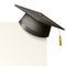 Vector 3d Realistic Black Graduate College, High School, University Black Cap Icon Closeup with Blank White Card