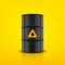 Vector 3d Realistic Black Simple Glossy Enamel Metal Oil, Fuel, Gasoline Barrel on Yellow Background. Design Template of