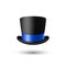 Vector 3d Realistic Black Top Hat Icon with Blue Ribbon Closeup Isolated. Classic Retro Vintage Top Hat, Vintage