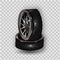 Vector 3d realistic black tyre stacked in pile, shining steel and rubber wheel for car, automobile, isolated on white. Modern rim,