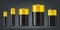 Vector 3d Realistic Black and Yellow Alkaline Battery Icon Set Closeup Isolated. Diffrent Size - AAA, AA, C, D, PP3