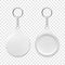 Vector 3d Realistic Blank Round Keychain with Ring and Chain for Key Isolated. Button Badge with Ring. Plastic, Metal ID