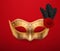 Vector 3d Realistic Carnival Face Mask, Rose, Feather. Golden Mask for Party, Black Feathers, Red Rose. Masquerade