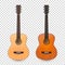 Vector 3d Realistic Classic Old Retro Acoustic Brown Wooden Guitar Icon Set Closeup Isolated on Transparent Background