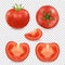 Vector 3d realistic different tomato icon set closeup isolated on transparency grid background. Whole, quarter, half of