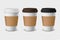 Vector 3d Realistic Disposable Closed Paper, Plastic Coffee Cup for Drinks with White, Brown and Black Lid Set Closeup