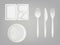 Vector 3d realistic disposable plastic lunch box, plate, spoon, fork, knife. Picnic tableware set on gray background.