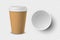 Vector 3d Realistic Empty Brown Disposable Closed and Opened Paper, Plastic Coffee Cup for Drinks with White Lid Set