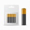 Vector 3d Realistic Four Alkaline Battery in Paper Blister and Single Battery Icon Closeup Set Isolated. AA Size