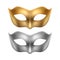 Vector 3d Realistic Golden, Silver Carnival Face Mask Icon Set, Masks for Party, Masquerade Closeup Isolated. Design