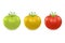 Vector 3d realistic green, yellow and red tomato icon set closeup isolated on white background. Design template, clipart