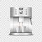 Vector 3d Realistic Modern Metal Chrome Steel Silver Espresso Coffee Machine with Two White Coffee Cups Closeup Isolated