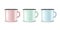 Vector 3d Realistic Pink, Green, Blue Enamel Metal Blank White Mug Set Isolated on White Background. Front View. Design