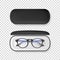 Vector 3d Realistic Plastic Round Black Rimmed Eye Glasses in Black Case Box Closeup Isolated on ransparent Background