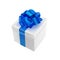 Vector 3d realistic present illustration. White box with blue bow and ribbon.