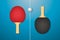 Vector 3d Realistic Red and Black Ping Pong Racket and Ball Icon Closeup on Blue Tennis Table Background. Sport