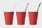 Vector 3d Realistic Red Disposable Opened Blank Paper, Plastic Coffee, Tea Cup for Drinks with Straw Icon Set Closeup