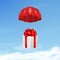 Vector 3d Realistic Red Flying Parachute with Paper Gift Boxe on Blue Sky Background. Design Template for Delivery