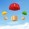 Vector 3d Realistic Red Flying Parachutes with Paper Cardboard Boxes on Blue Sky Background. Design Template for