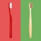 Vector 3d Realistic Red Plastic and Wooden Brown Bamboo Blank Toothbrush Se. Design Template, Mockup. Dentistry