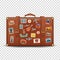 Vector 3d Realistic Retro Leather Brown Threadbare Suitcase and Travel Stickers, Metal Corners and Belts Icon Closeup