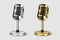 Vector 3d Realistic Retro Steel Metal Silver and Golden Concert Vocal Microphone with Stand Icon Set Closeup Isolated on