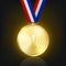 Vector 3d Realistic Shiny Golden Win Medal with Striped Tricolor Ribbon on Dark Background. Victory Concept. Glow First