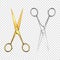 Vector 3d Realistic Silver and Gold Metal Opened Stationery Scissor Icon Set Closeup Isolated on Transparency Grid