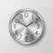 Vector 3d Realistic Simple Round Gray Silver Wall Office Clock with Steel or Chrome Metal Golden Dial Icon Closeup