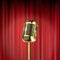 Vector 3d Realistic Steel Golden Retro Concert Vocal Stage Microphone Closeup Isolated on Red Curtains Background