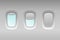 Vector 3d Realistic Three White Plastic Portholes of Airplane with Open and Closed Window Shades. Icon set Closeup. View