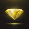 Vector 3d Realistic Yellow Transparent Triangle Glowing Gemstone, Diamond, Crystal, Rhinestone Closeup on Black