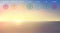 Vector abstract aerial panoramic view of sunrise over ocean with chakras icon set: muladhara, swadhisthana, manipura, anahata,