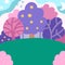 Vector abstract background with magic forest, purple and pink trees, stars, green field. Magic or fantasy world scene. Cute