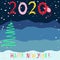 Vector abstract christmas background. Postcard with Christmas fir tree, numeral 2020 and Happy New Year