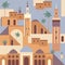 Vector abstract Middle Eastern town flat illustration. Architecture pattern. Morocco inspired flat illustration with mosque, tower