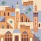 Vector abstract Middle Eastern town flat illustration. Seamless architecture pattern. Morocco inspired digital paper with mosque,