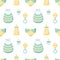 Vector abstract seamless background with rattle, bottle, pacifier, bib, diaper. Colorful endless pattern. Great for kids design