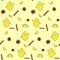 Vector abstract seamless pattern with yellow lemon fruit character, cinnamon stic. anis star on light background