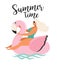 Vector abstract summer time illustration card with girl swimming on pink flamingo float circle in ocean waves with calligraphy. Su