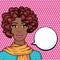 Vector afro girl thinking with space for your text, pop art comic style illustration. Cartoon african american girl in scarf on