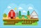 Vector agricultural village landscape flat concept illustration. Village barn, warehouse buildings with sown field and