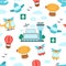 Vector air transport seamless pattern. Funny transportation repeating background with plane, zeppelin, helicopter, hot air balloon
