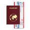 Vector airline passenger and baggage ( boarding pass ) tickets with barcode and international passport.