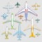 Vector airplanes icons top view vector illustration isolated on background. Travel by airport flight vacation transport