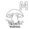 Vector alphabet letter M, coloring page. Mushroom