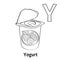 Vector alphabet letter Y, coloring page. Yogurt