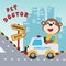 Vector ambulance with cute animals inside. monkey doctor driving emergency car. Creative vector childish background for fabric