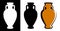 Vector amphora image in brown color and silhouettes in white and black background isolated in flat style.